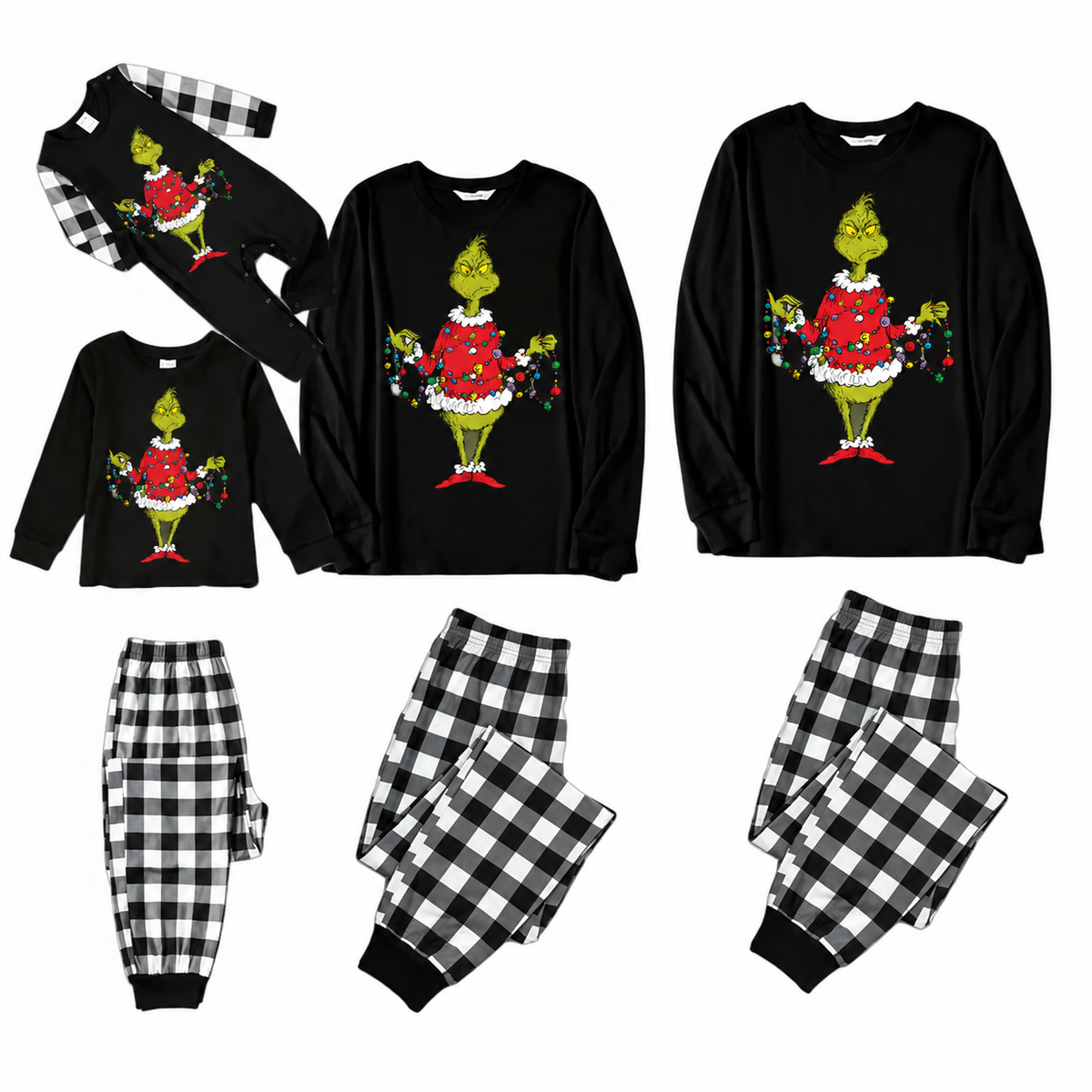 Holly Flag-Black and White Plaid Grinch Family Christmas Pajamas