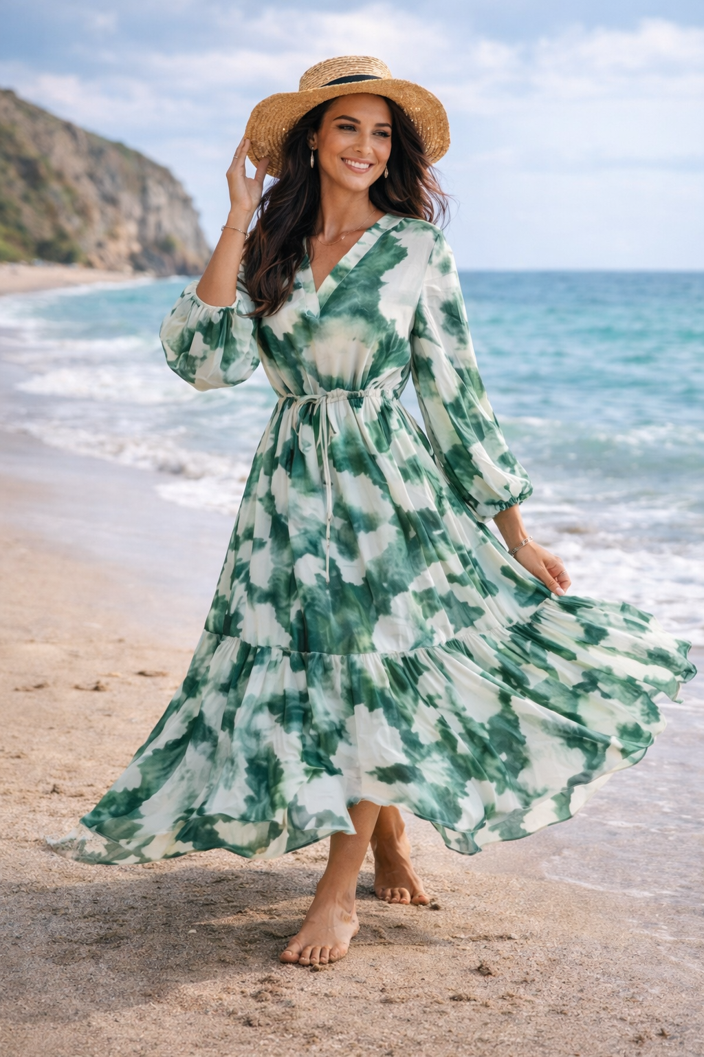 Flowy Design Maxi Boho Dress with Long Sleeves V-neck