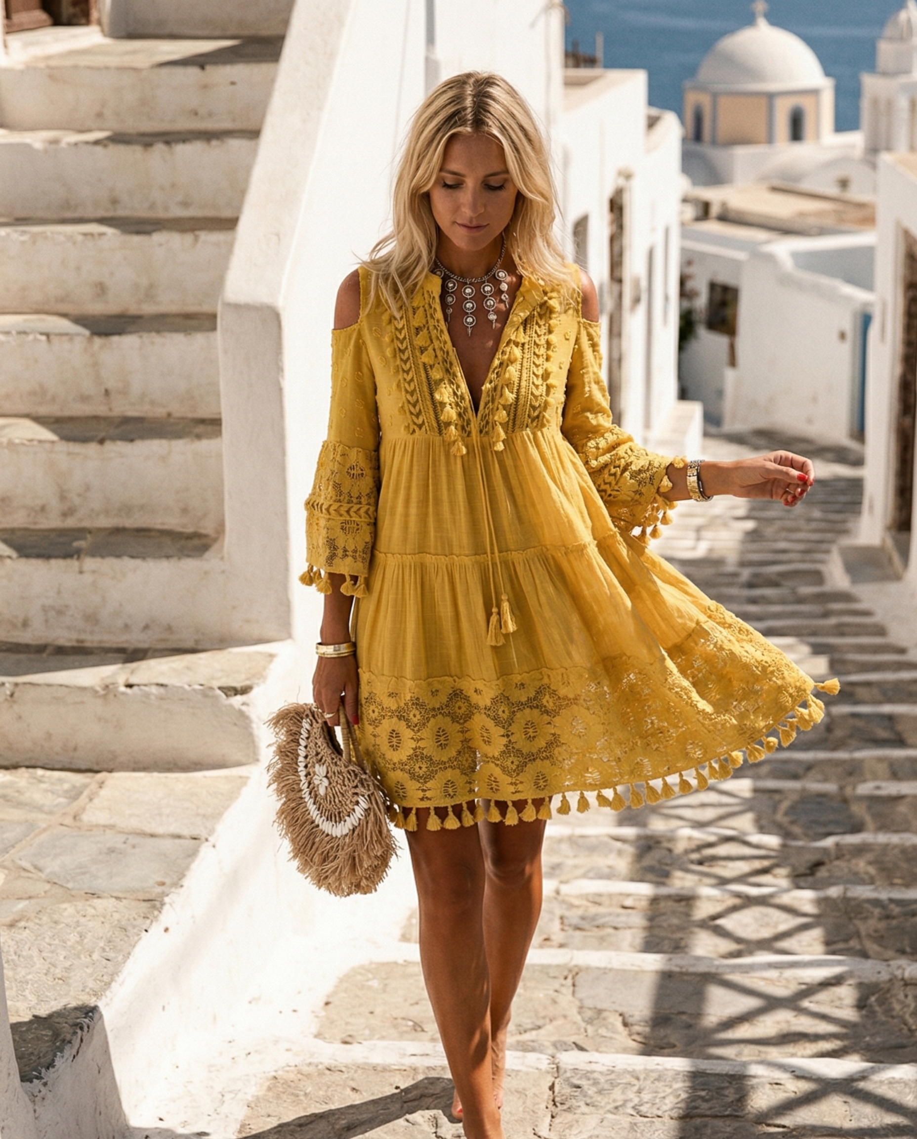 Boho Style Shoulder Tassel Lace Mini Dress