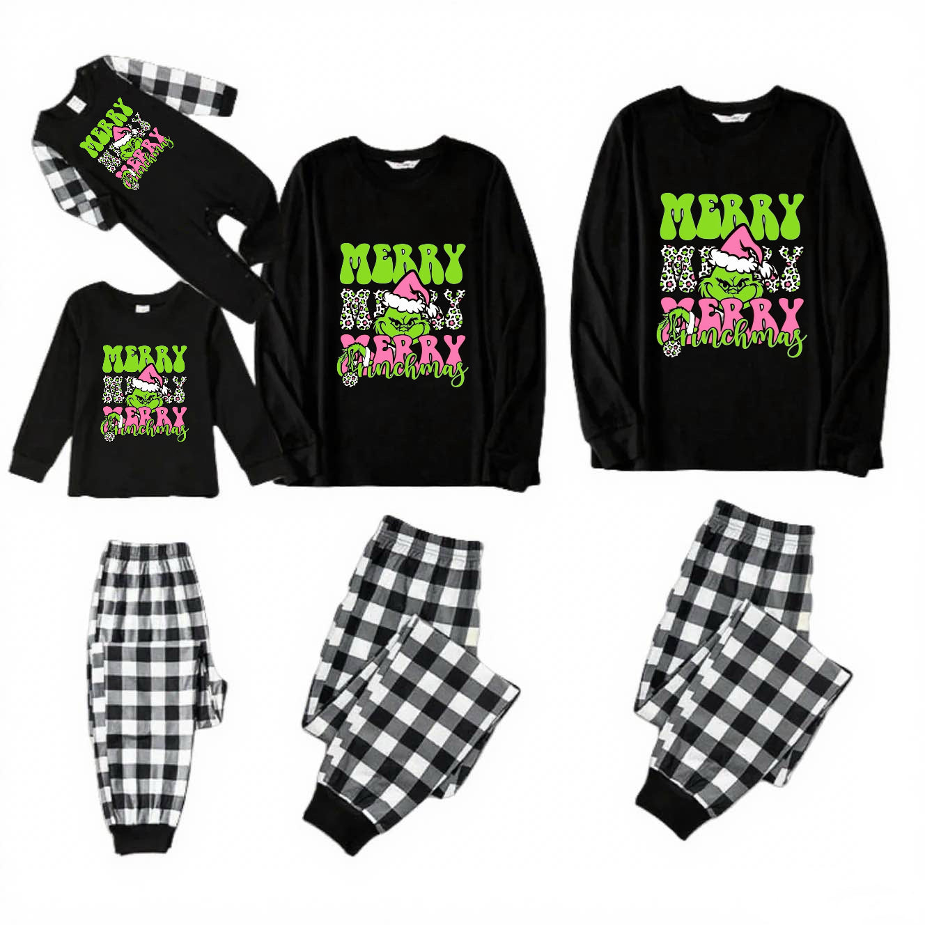 Pink Grinch-Black and White Plaid Family Christmas Pajamas