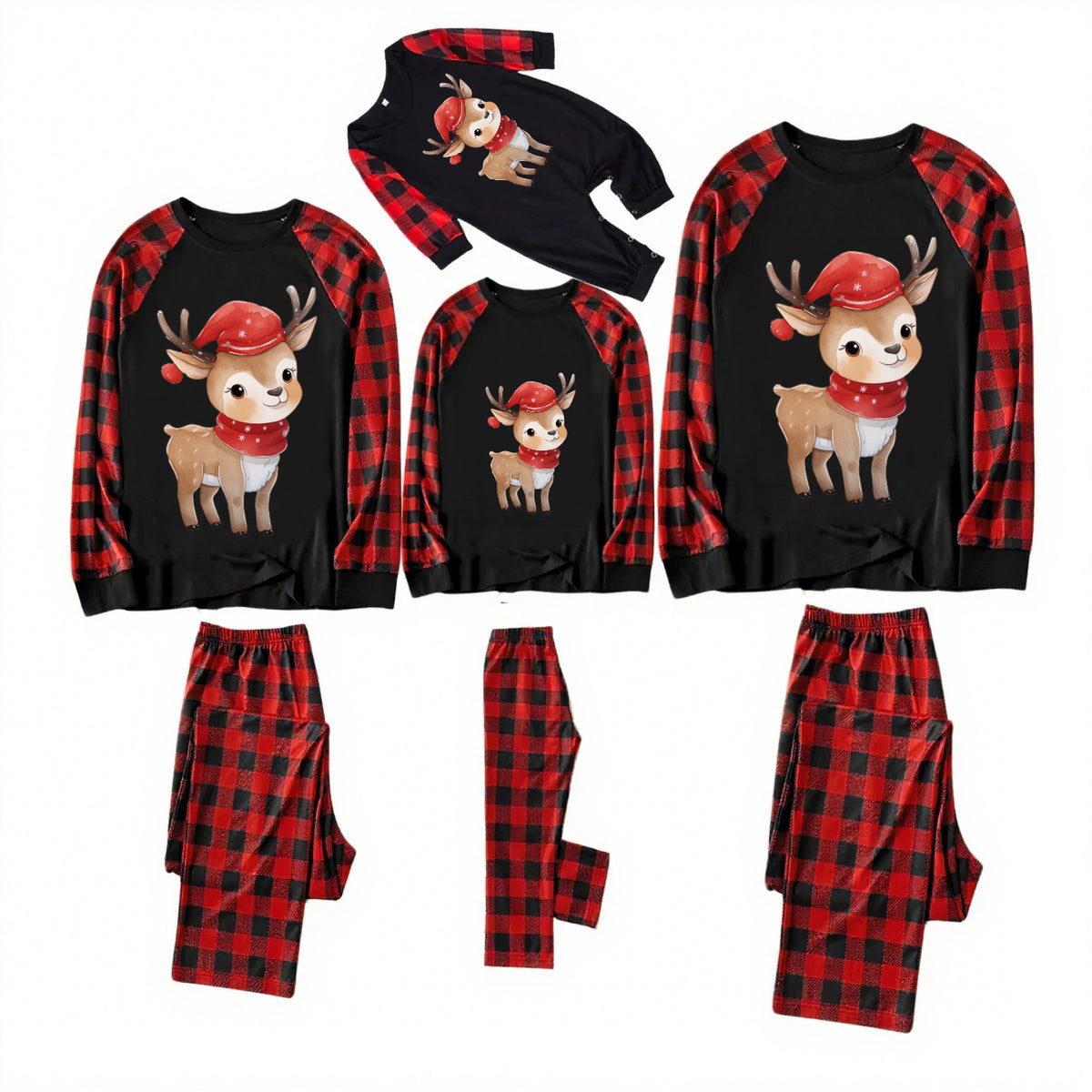 Cozy Elk-Black and Red Plaid Family Christmas Pajamas