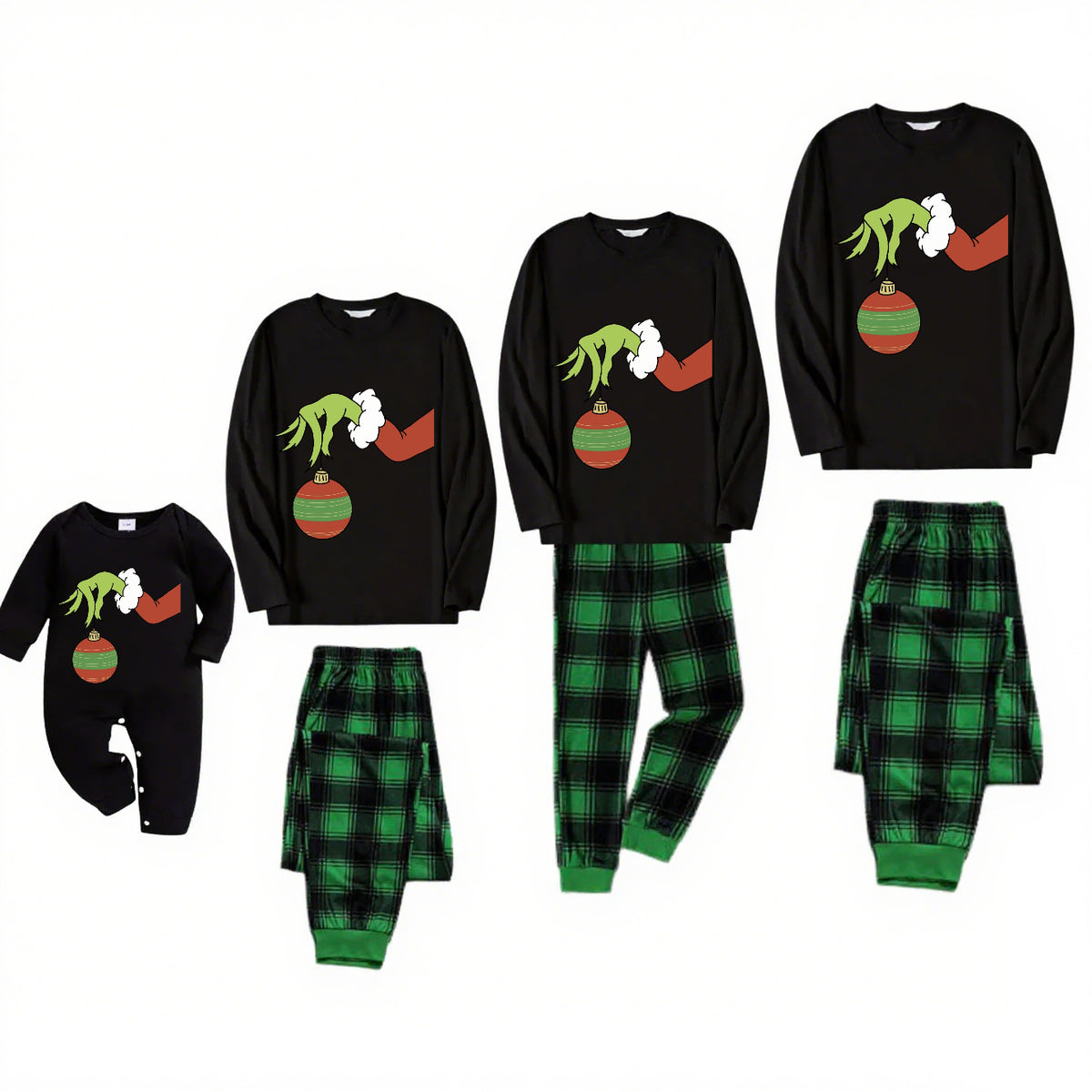 Grinch Mood-Green Plaid Family Christmas Pajamas