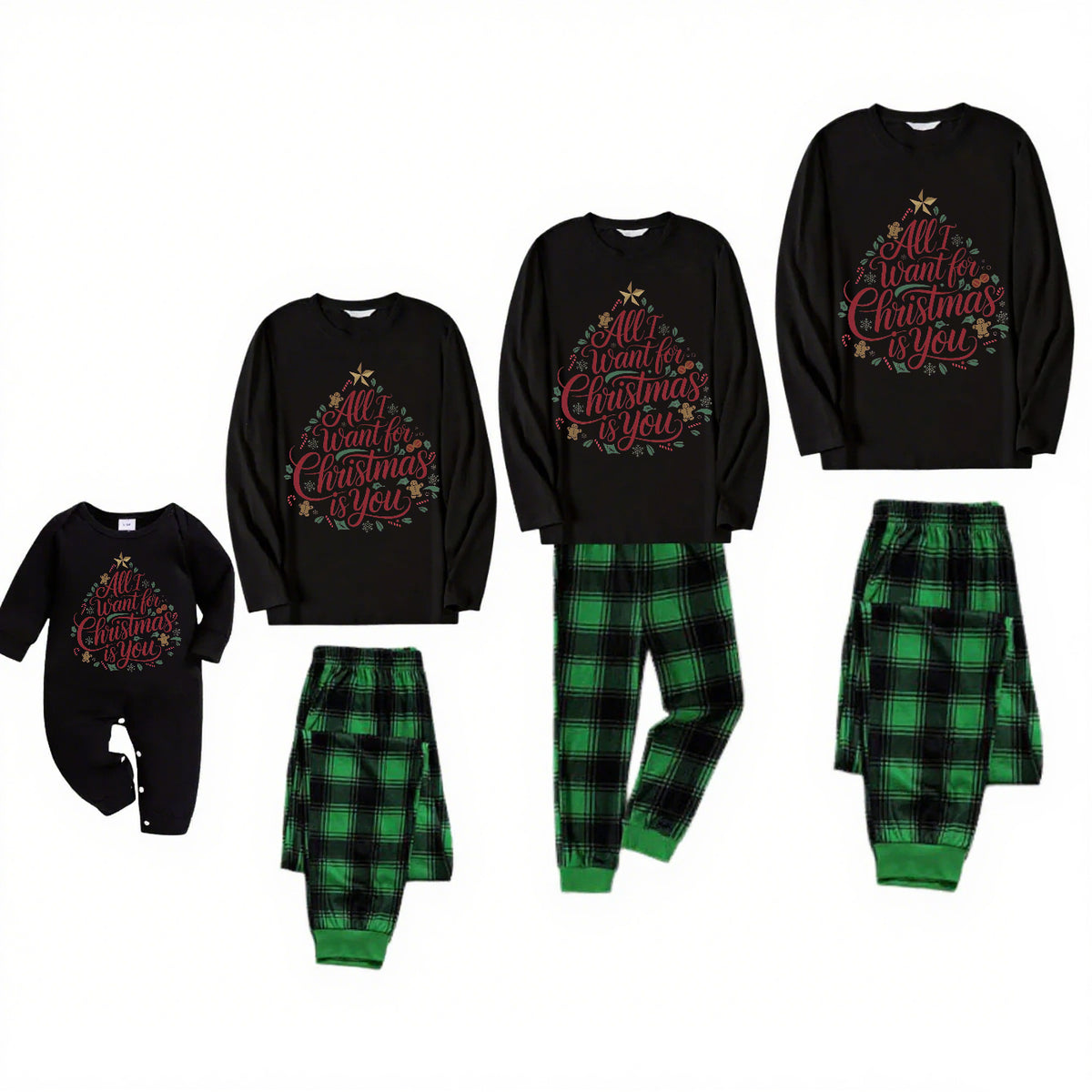 ALL I WANT-Green Plaid Family Christmas Pajamas