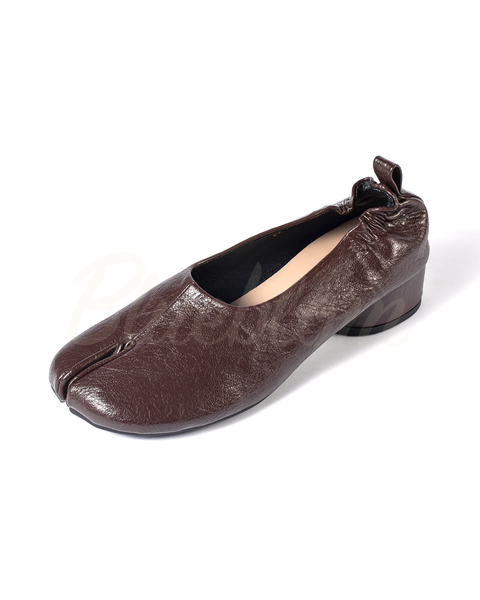 Brown Thick Heeled Pleated Tabi Shoes