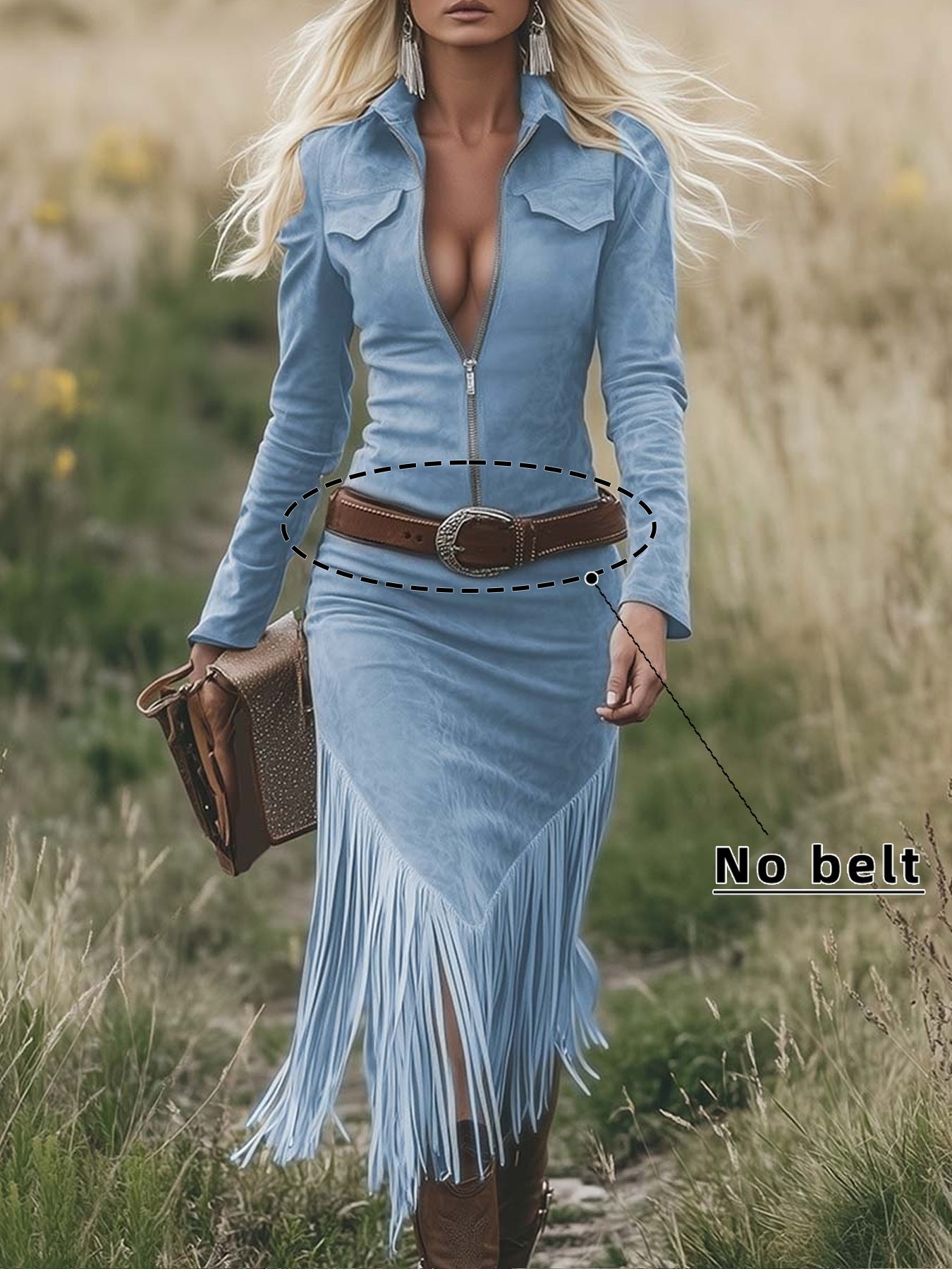 Western Green Faux Suede One-Shoulder Slit Patchwork Tassel Midi Boho Dress