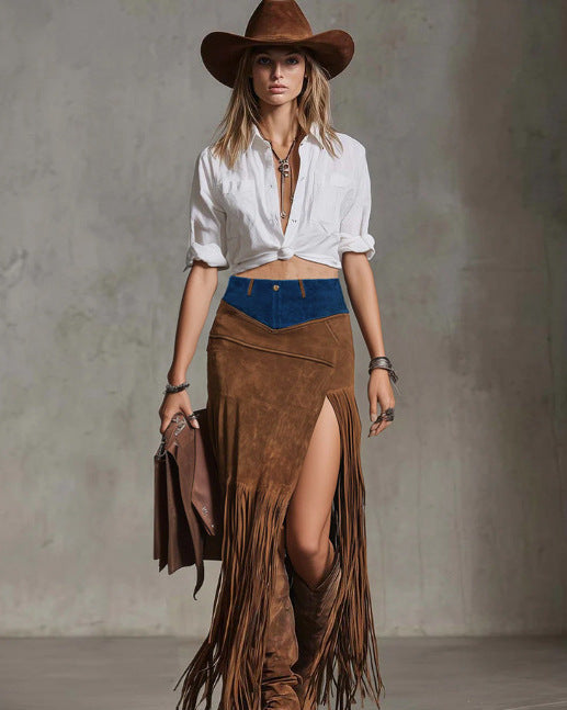 Brown Mixed Texture Fringe Maxi Western Skirt