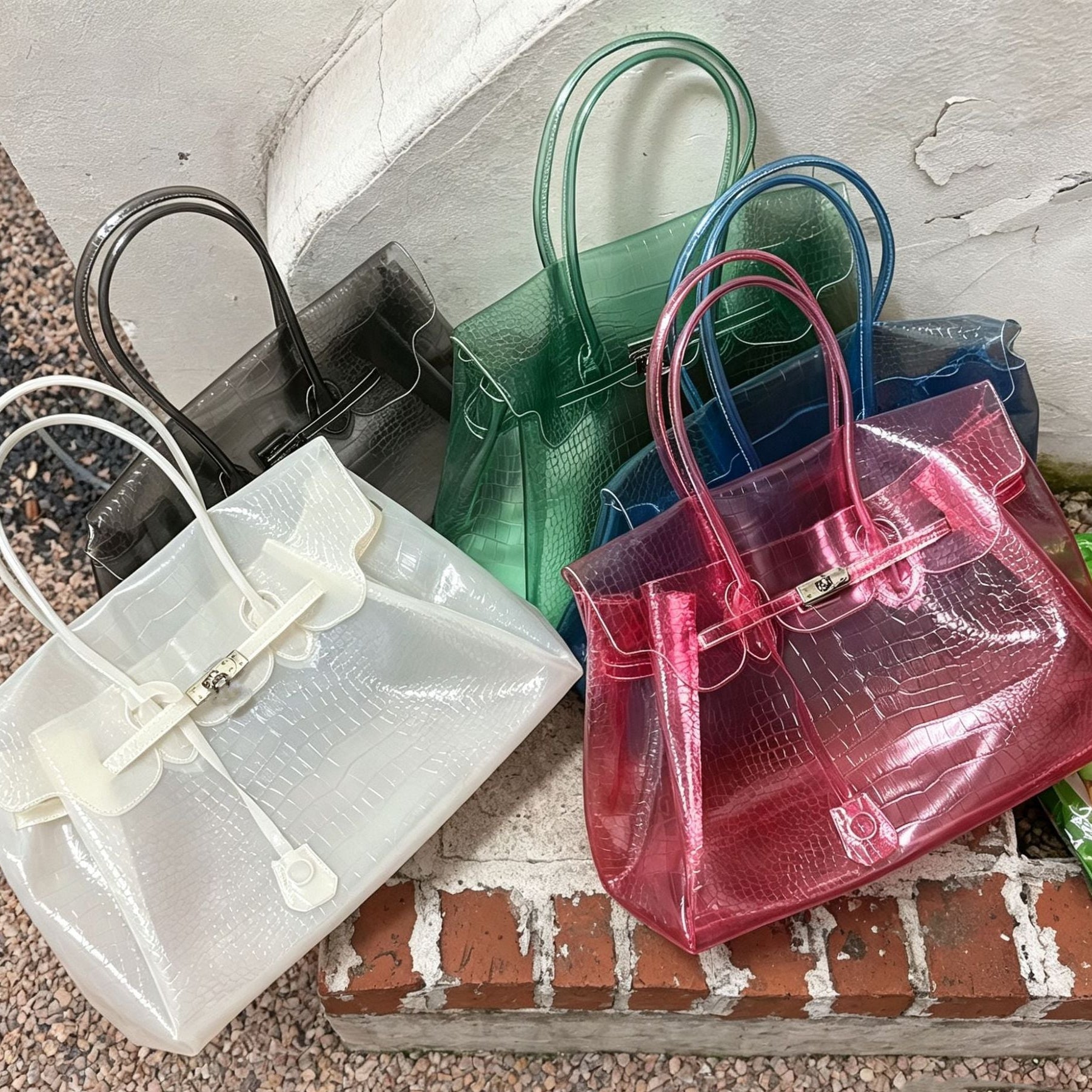 Croc Embossed TPU Jelly Bag Top Handle Handbag