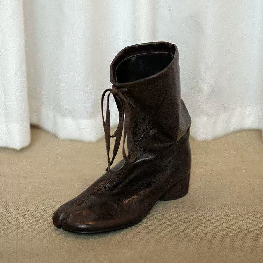 Mid-Calf Tabi High Heel Lace-Up Tabi Boots