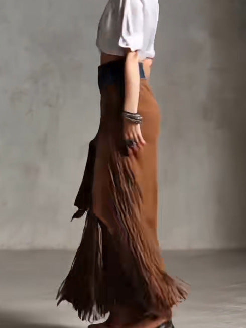 Brown Mixed Texture Fringe Maxi Western Skirt