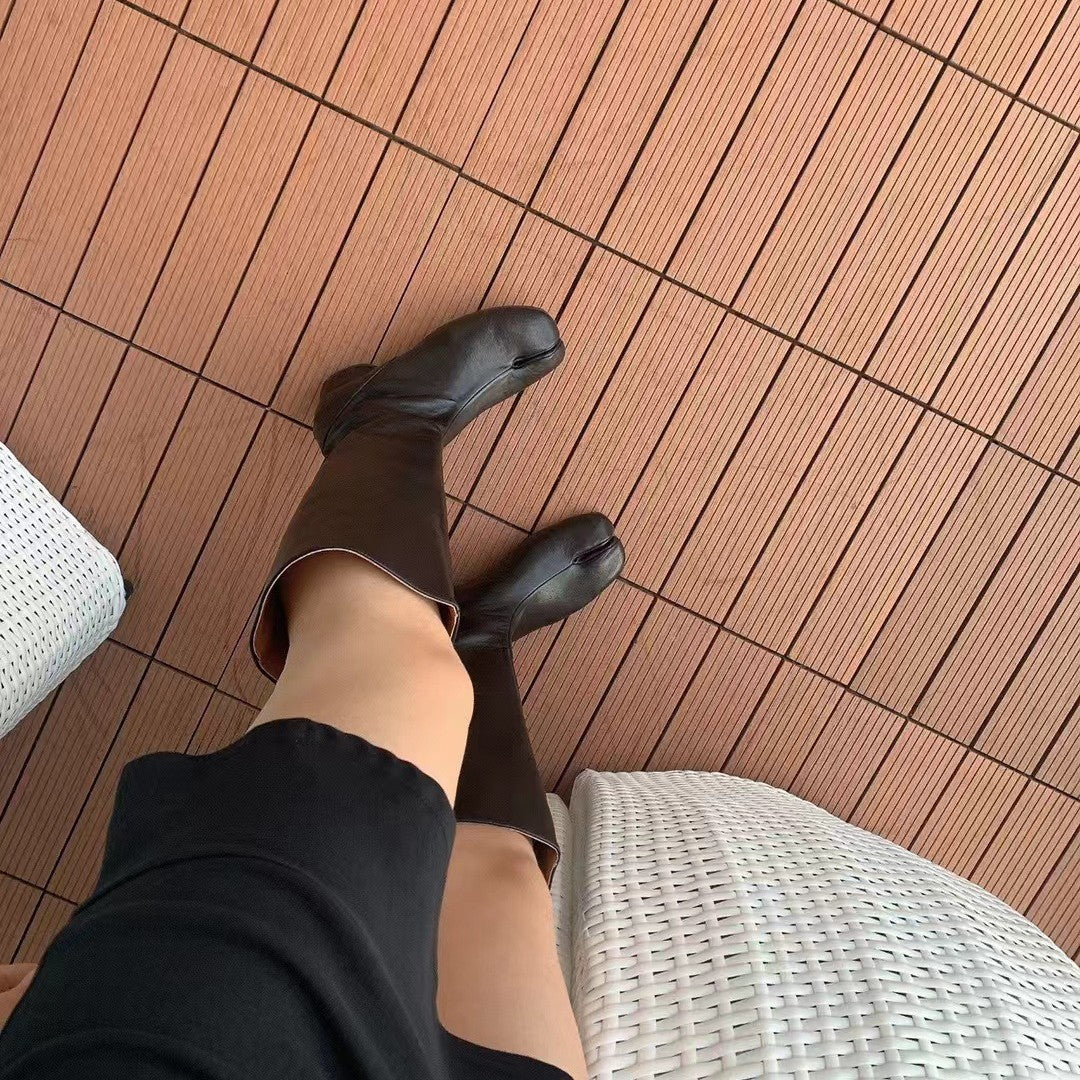 Black Leather knee high Tabi Boots