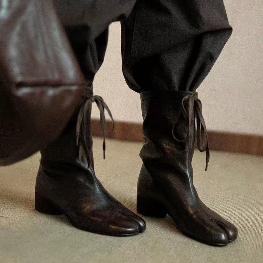 Mid-Calf Tabi High Heel Lace-Up Tabi Boots