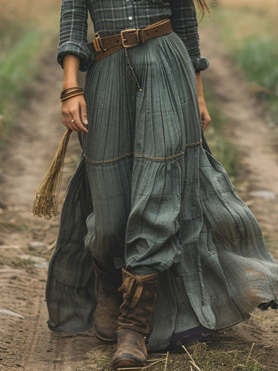 Retro V-neck Lace Linen Long Skirt Pastoral Style Linen Boho Dress