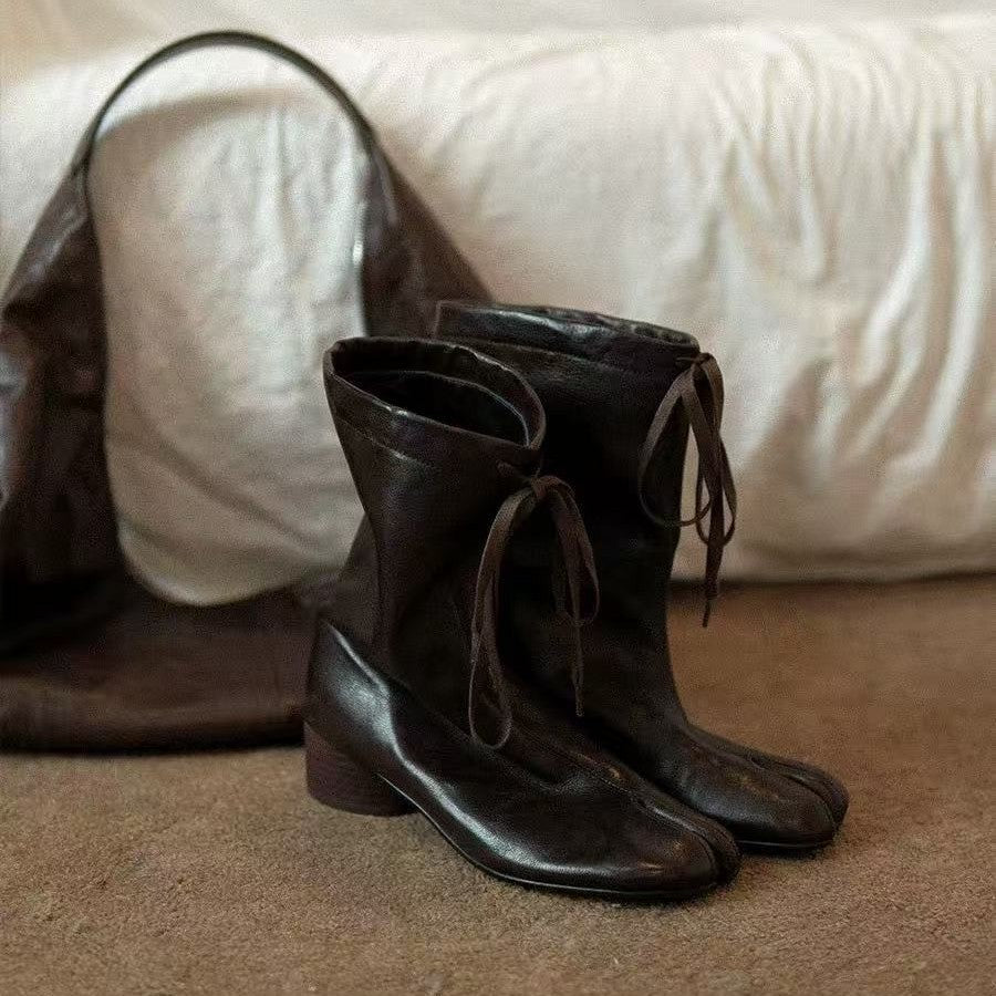 Mid-Calf Tabi High Heel Lace-Up Tabi Boots