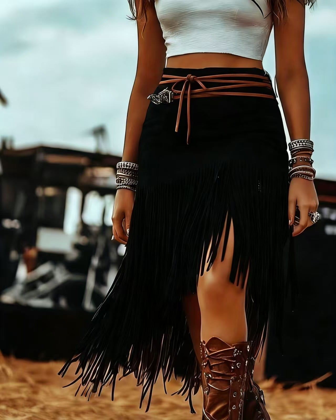 Western Style Faux Suede Fringe Midi Skirt dress
