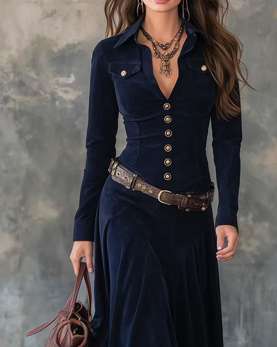 Navy Long Sleeve Maxi Western Dress