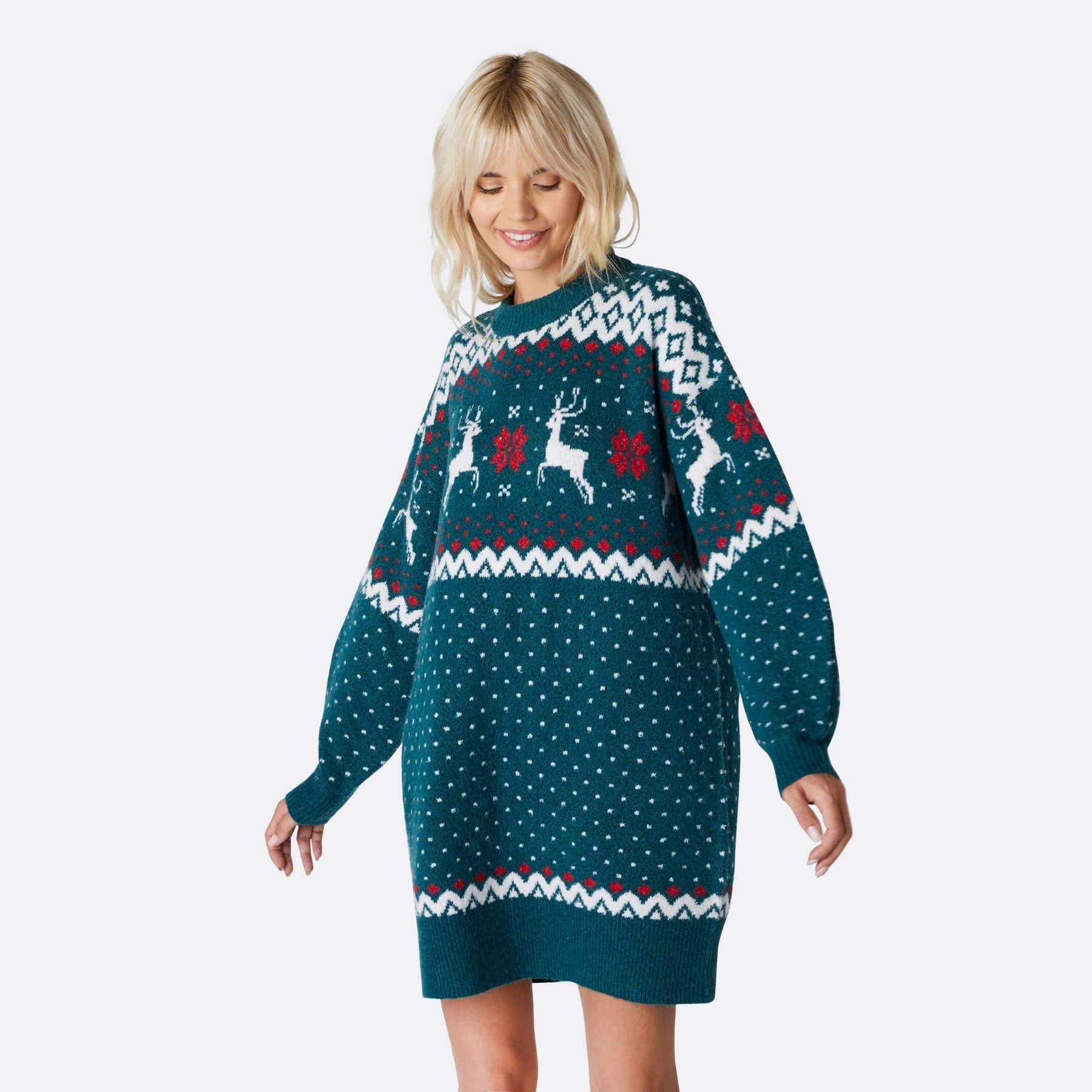 Reindeer Green Oversized Christmas Sweater Dress