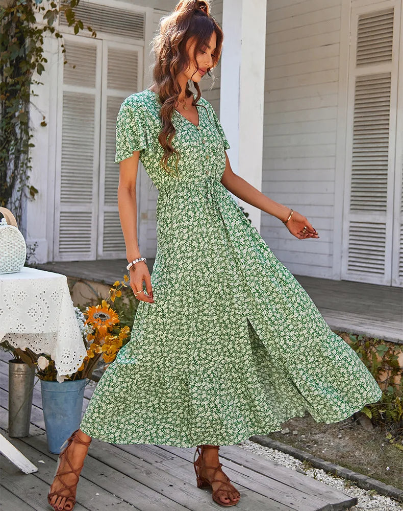 Green Vintage Floral Print Bohemian Beach Boho Dress