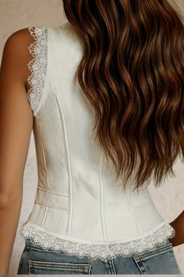 Lace Trim V-Neck Button Up western Vest Top