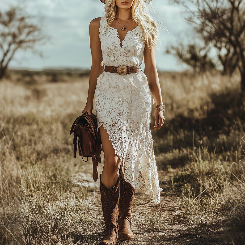 Retro Bohemian White Lace Sleeveless Midi Boho Dress