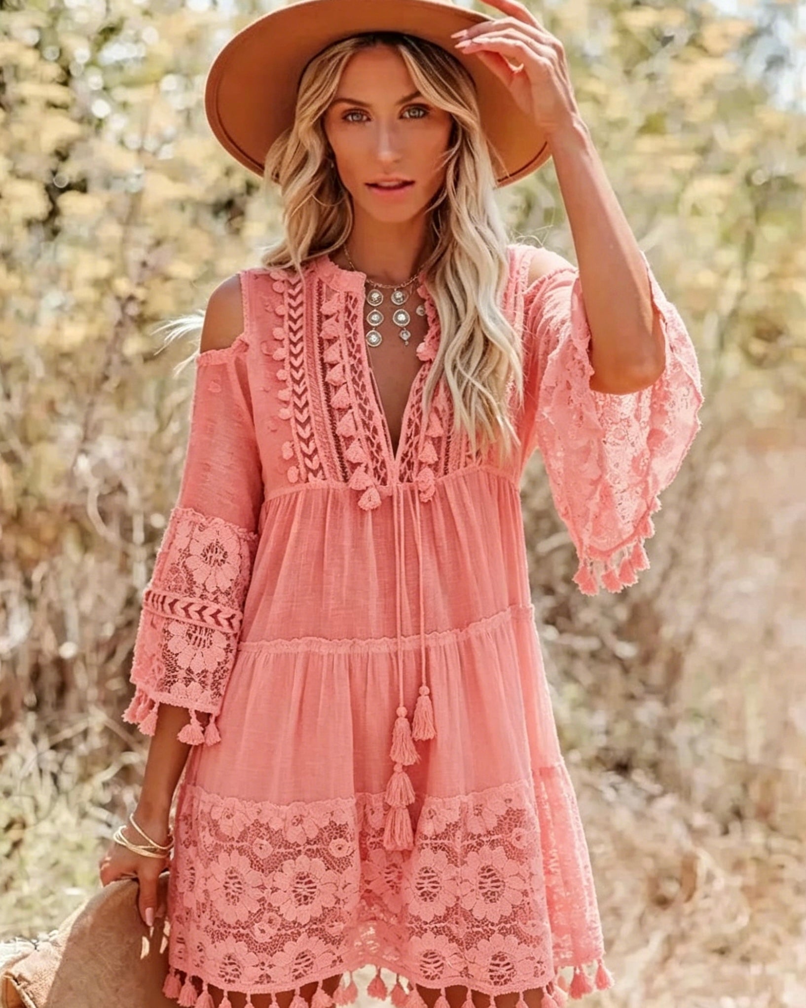 Boho Style Shoulder Tassel Lace Mini Dress