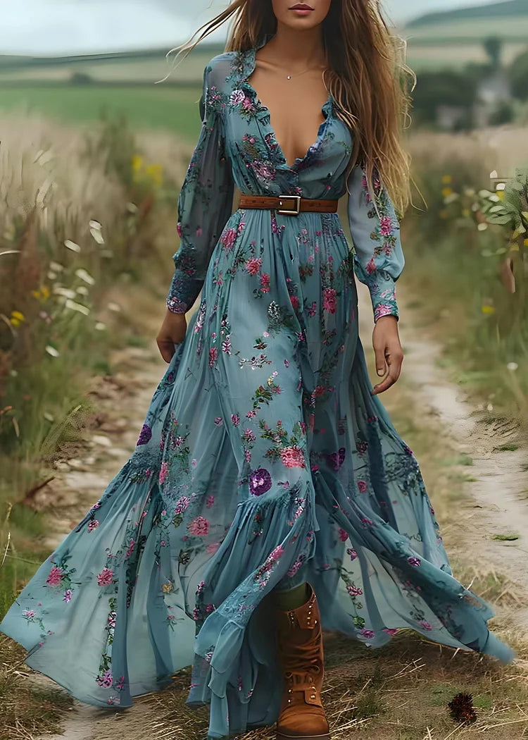 Bohemian Blue Ruffled Print Patchwork Chiffon Long Boho Dress