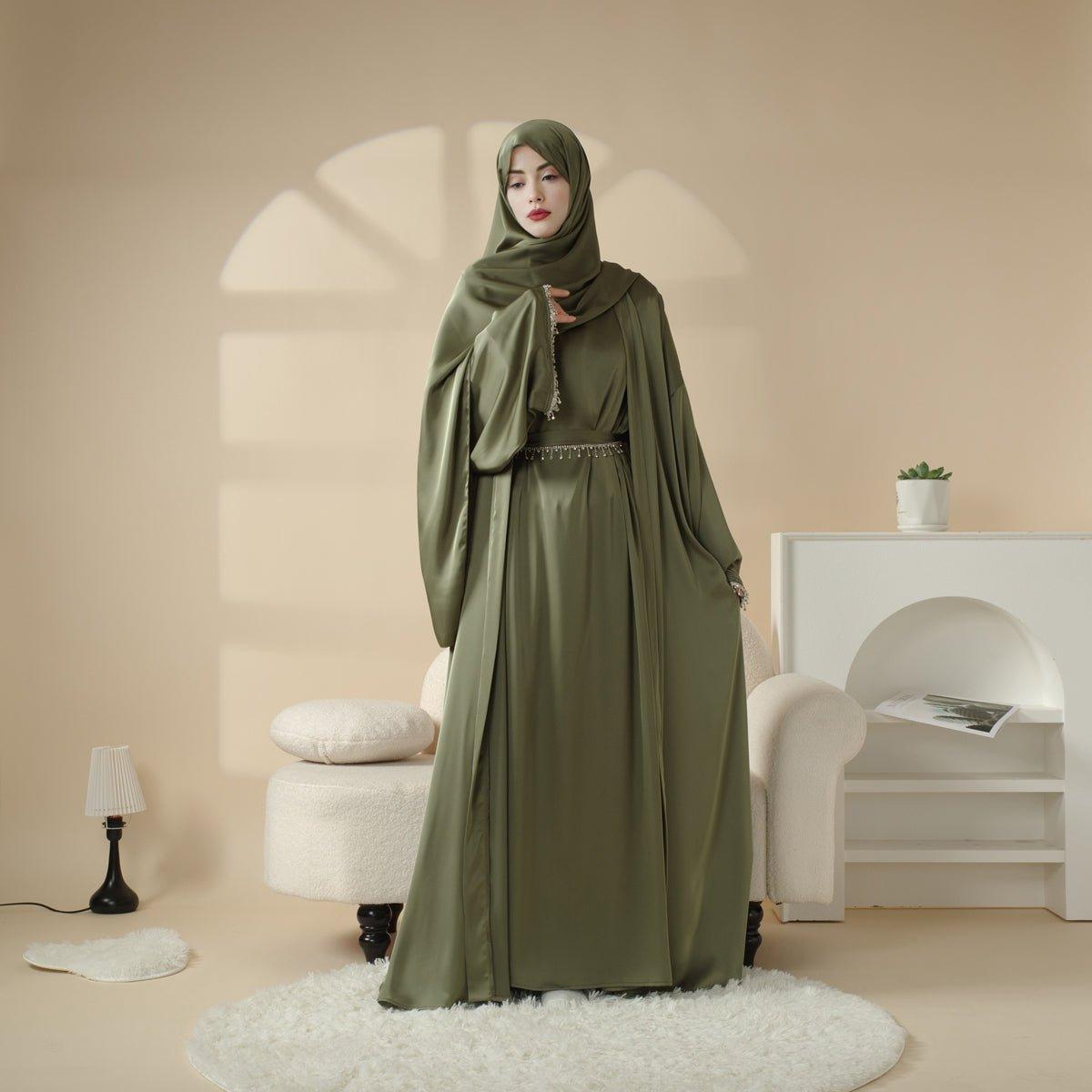 Satin Abaya With Matching Belt Made Of Diamond Tassel kaftan dress