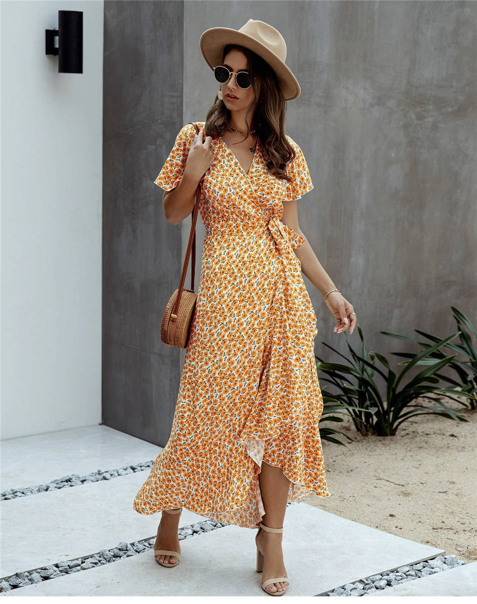 Yellow Long Floral Bohemian Split Boho Dress