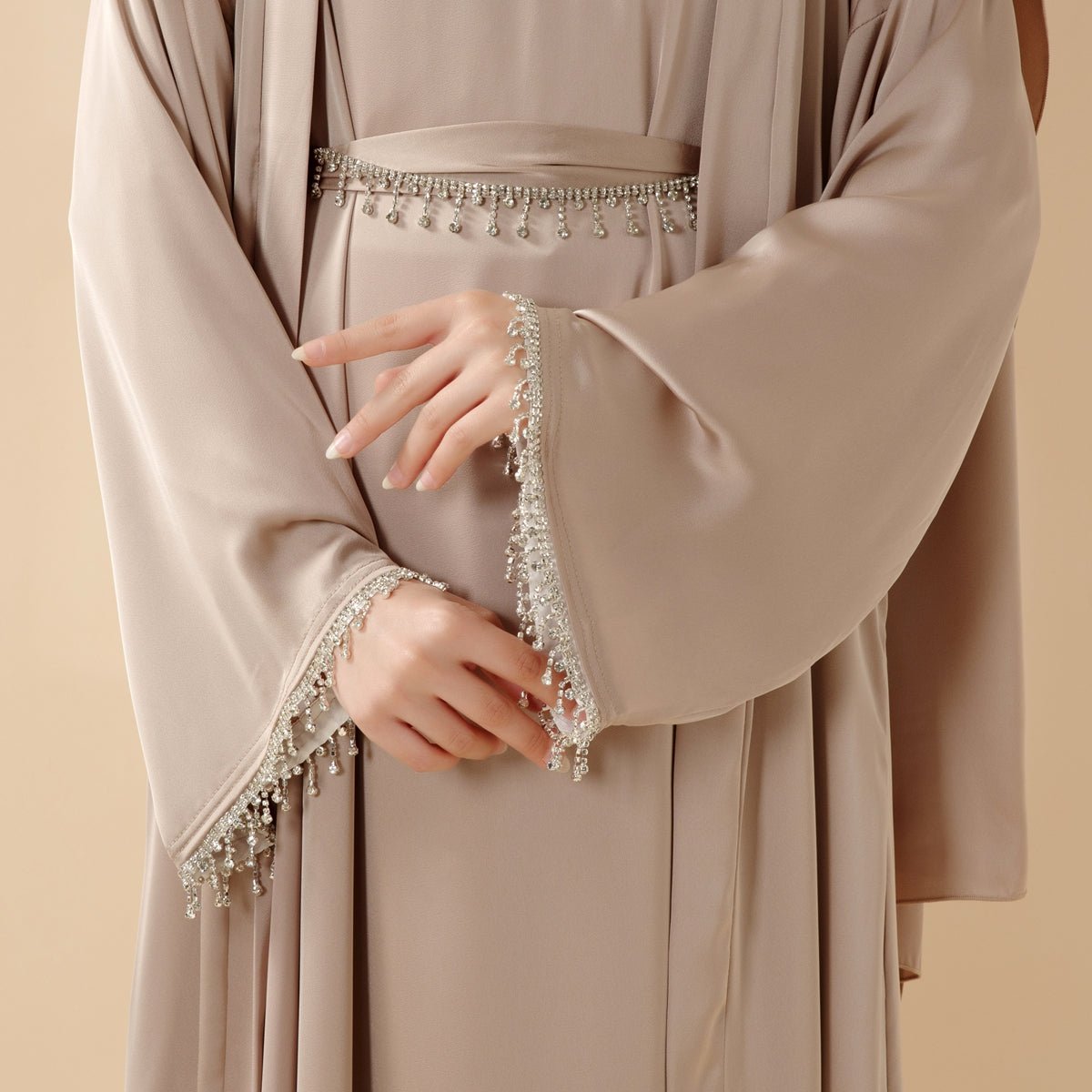 Satin Abaya With Matching Belt Made Of Diamond Tassel kaftan dress