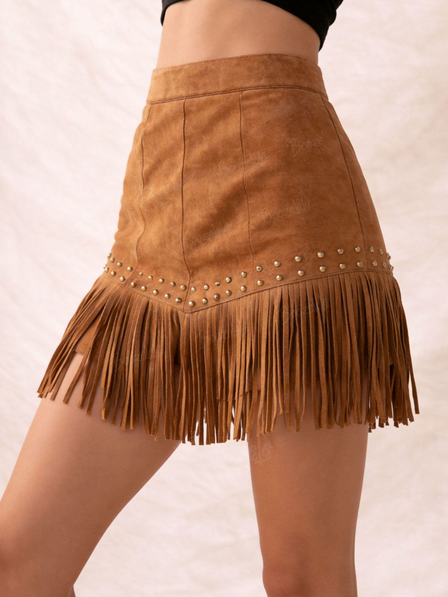 Brown Faux Suede Studded Fringe Mini western Skirt Country Concert Outfit Nashville Outfit