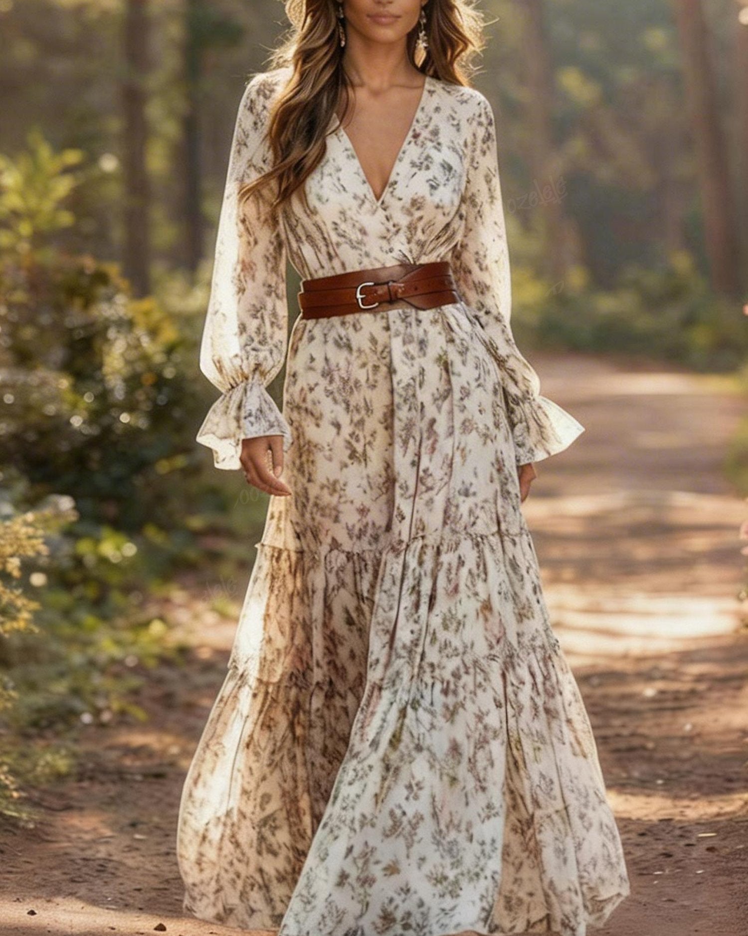 Mori Girl Bohemian Printed western Dress, off White / XXL