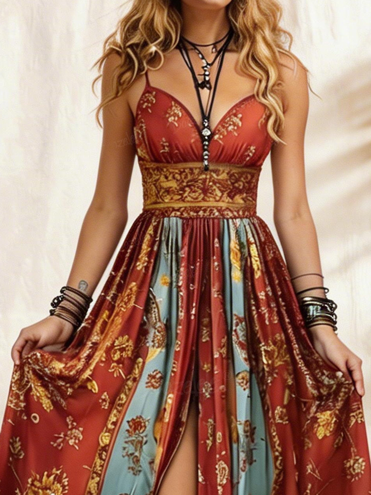 Bohemian Style Retro Floral Print Slit Dress Country Concert Outfit Nashville Outfit
