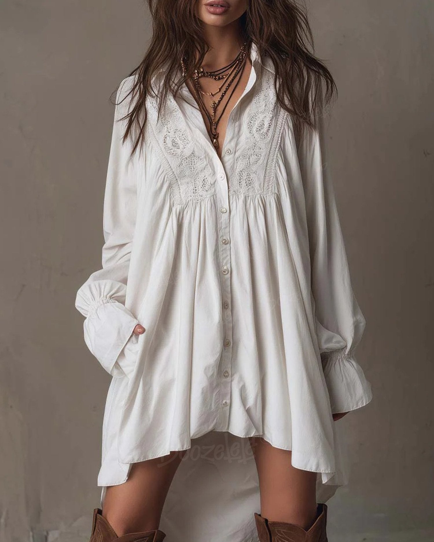 Bohemian Style White Lace Shirt Western Dress