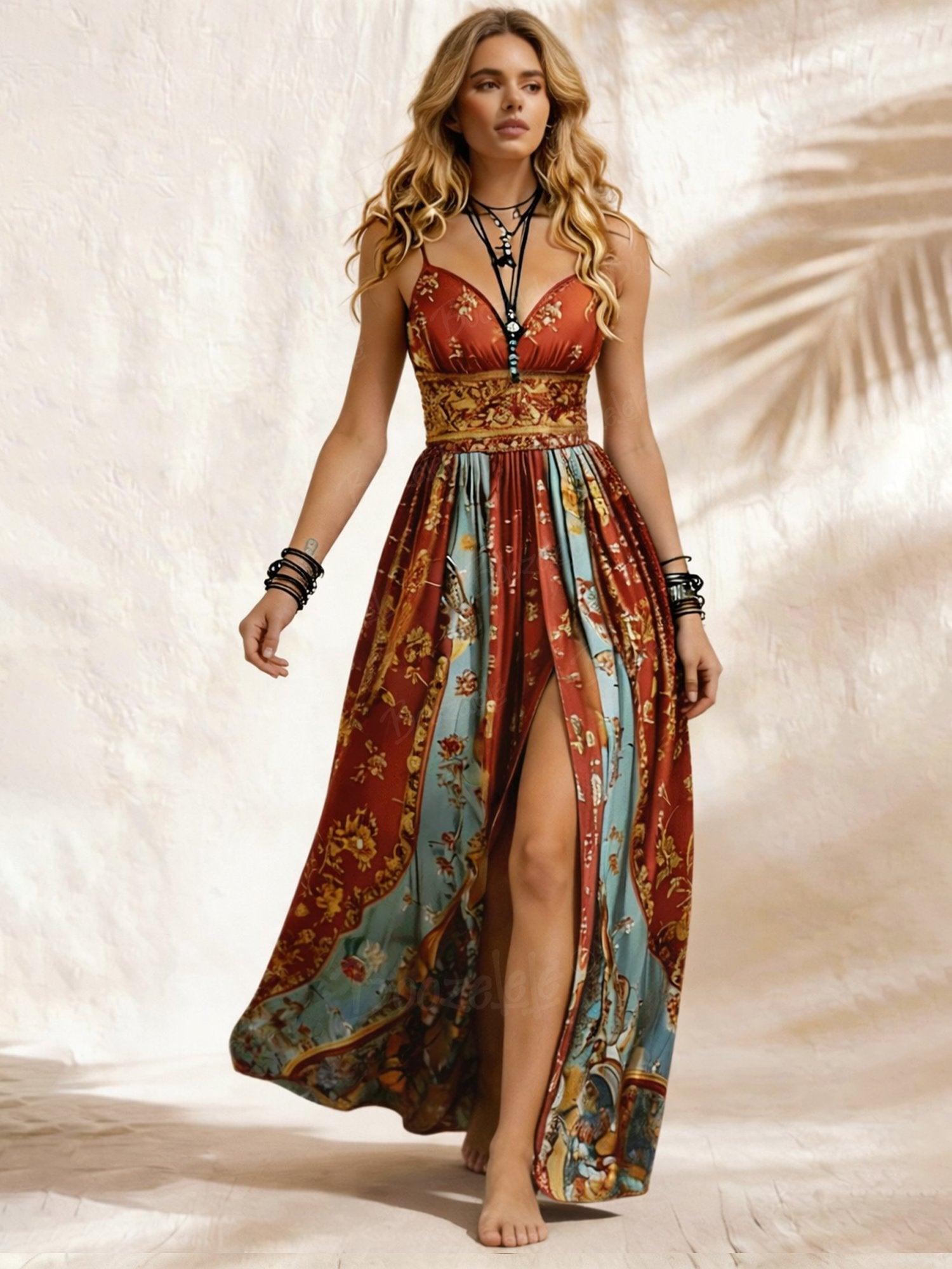 Bohemian Style Retro Floral Print Slit Dress Country Concert Outfit Nashville Outfit