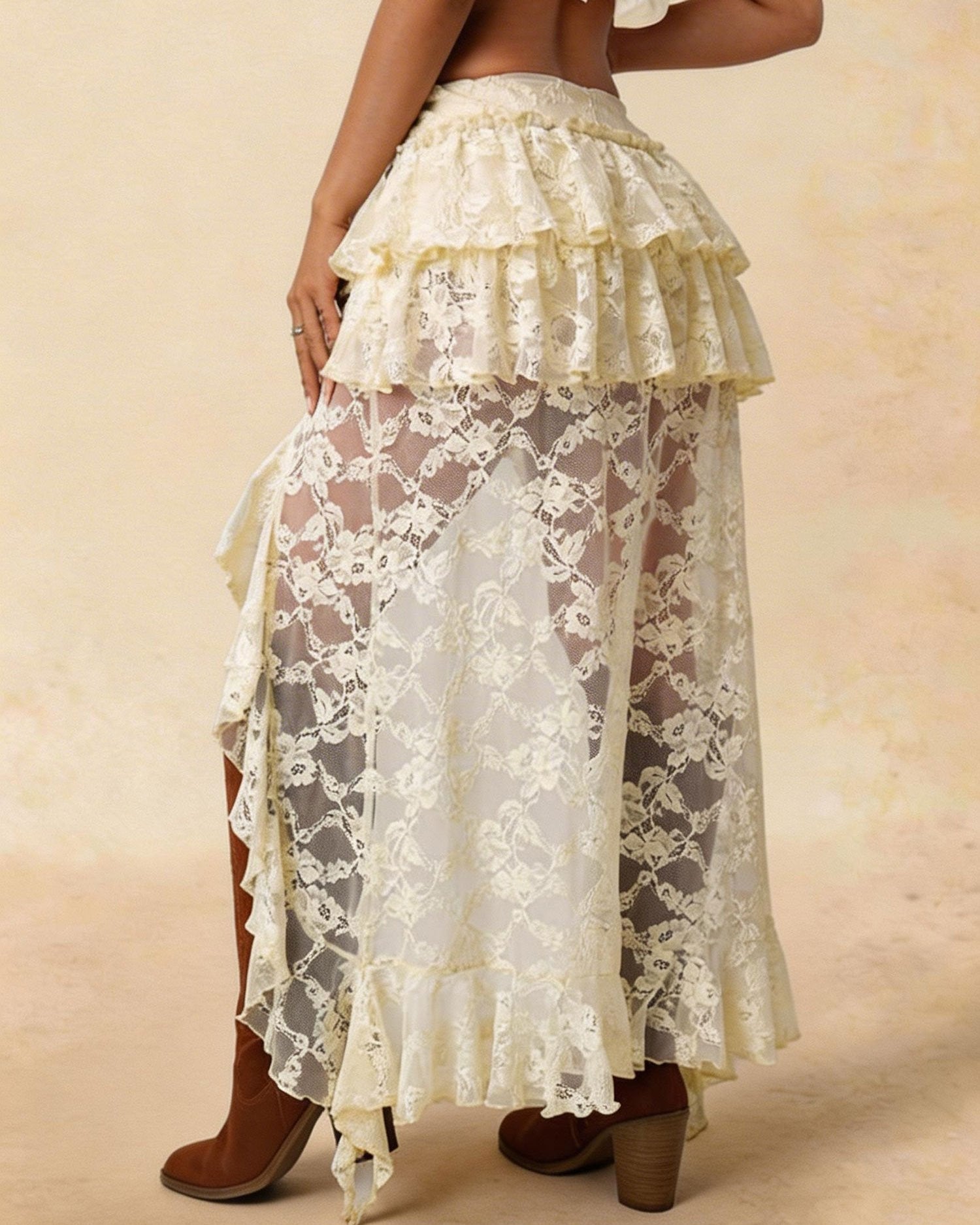 Ivory Lace Ruffle Asymmetrical Maxi western Skirt