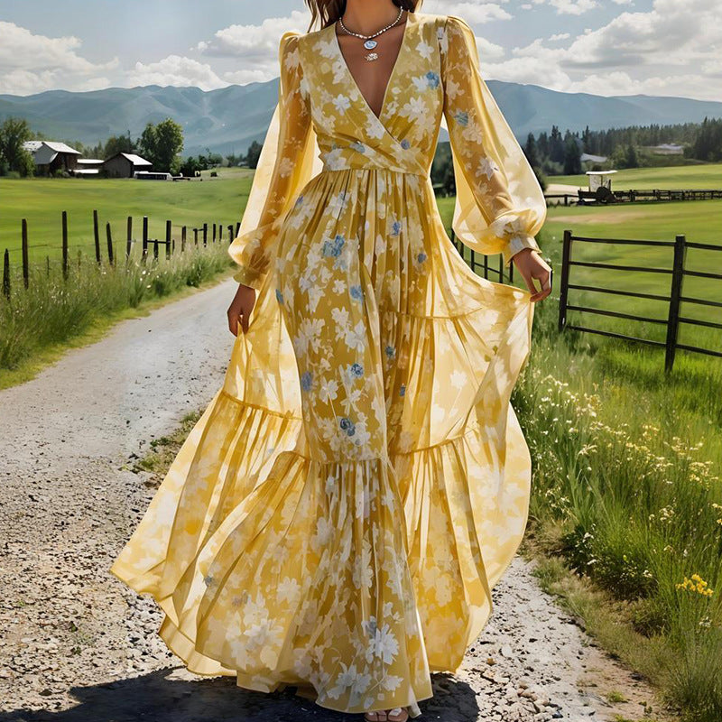 Yellow Floral V-Neck Maxi Boho Summer Dress