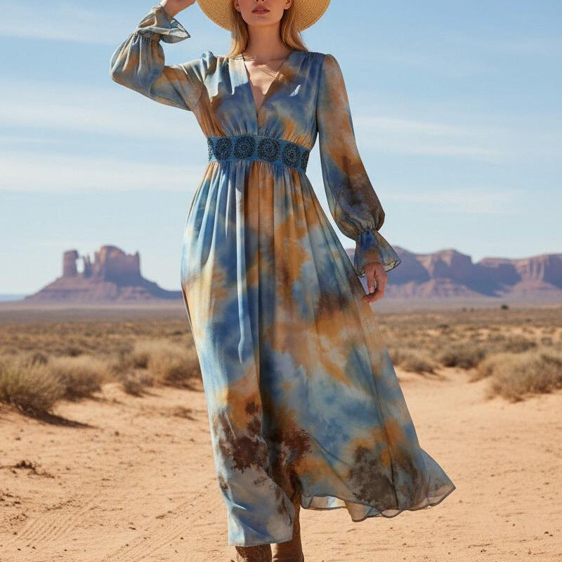 Boho Tie-Dye Embroidered Maxi Dress
