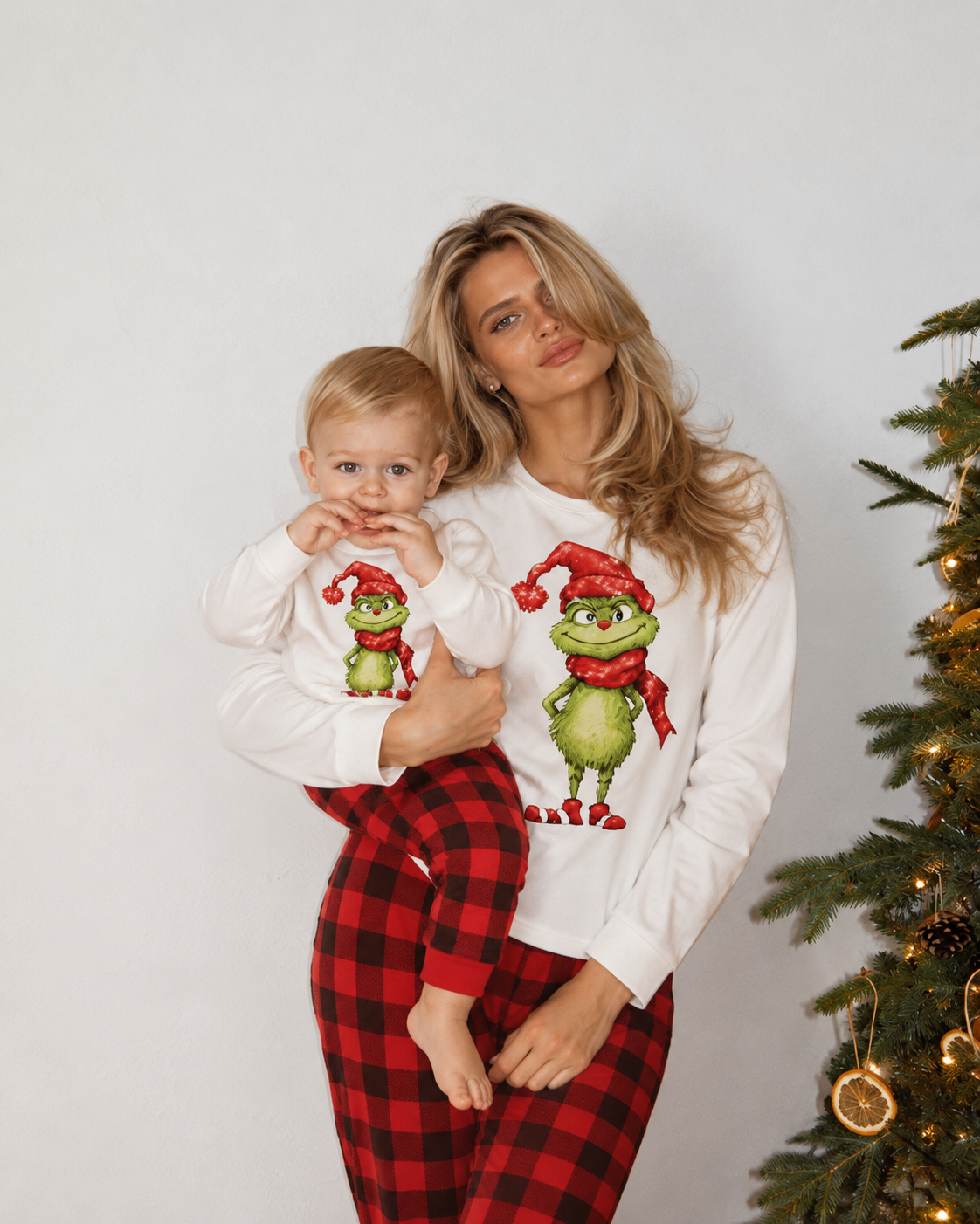 Grinch Joy-White and Red Plaid Family Christmas Pajamas