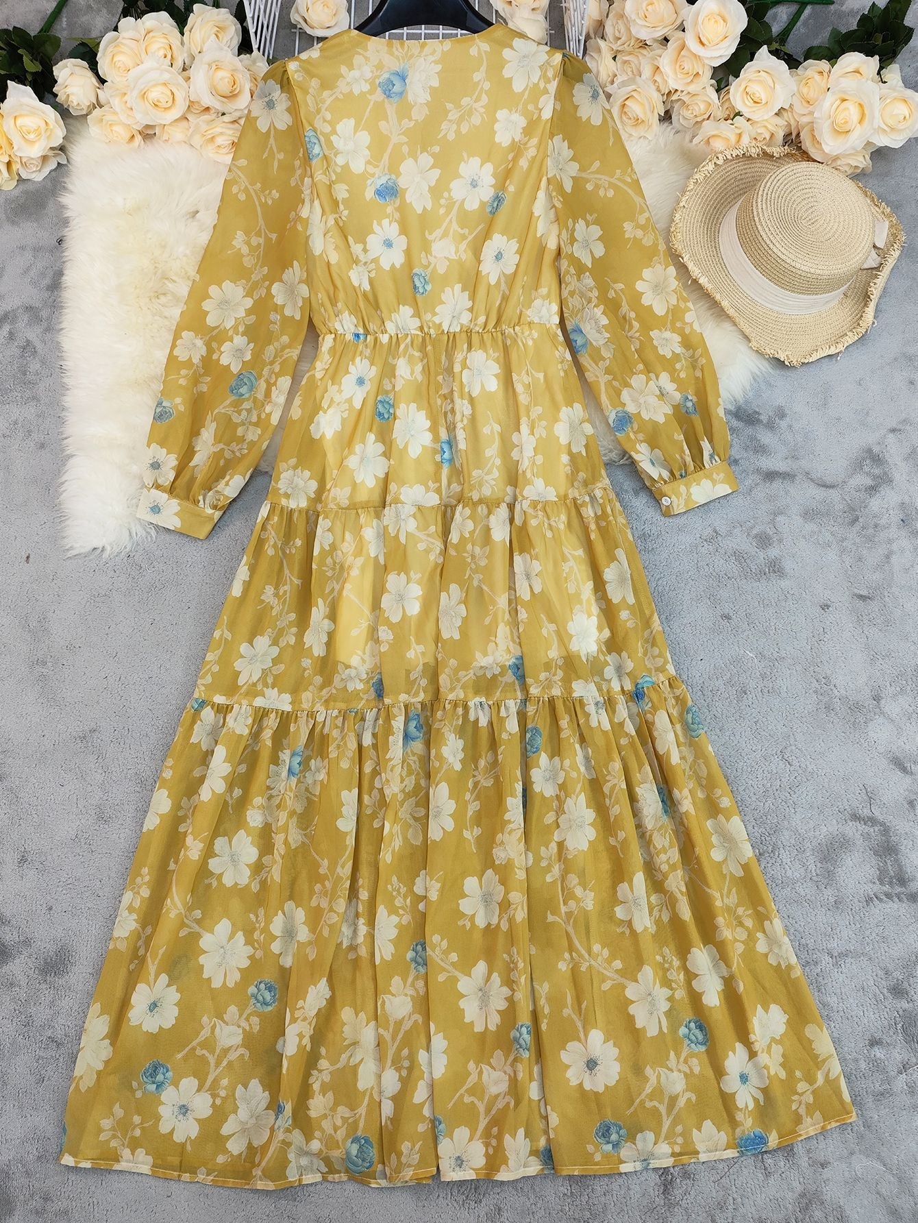 Yellow Floral V-Neck Maxi Boho Summer Dress