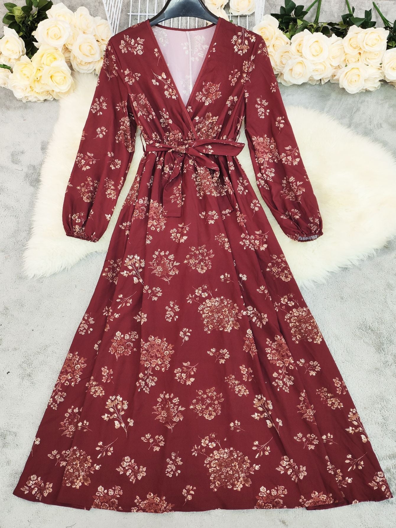 Wine Red Boho Floral Maxi Boho Dress