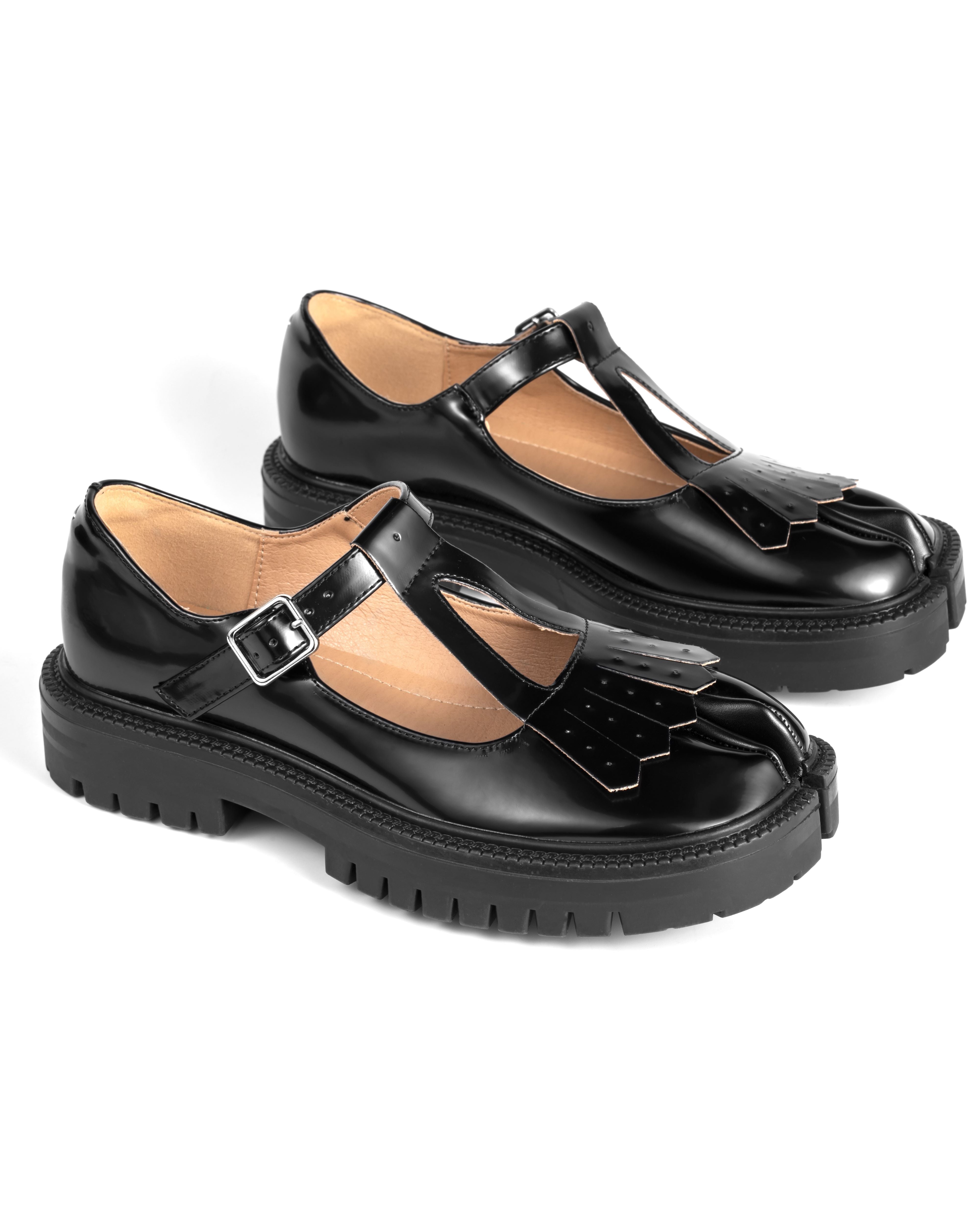 Black Patent Leather Fringed Tabi Mary-Janes Loafers