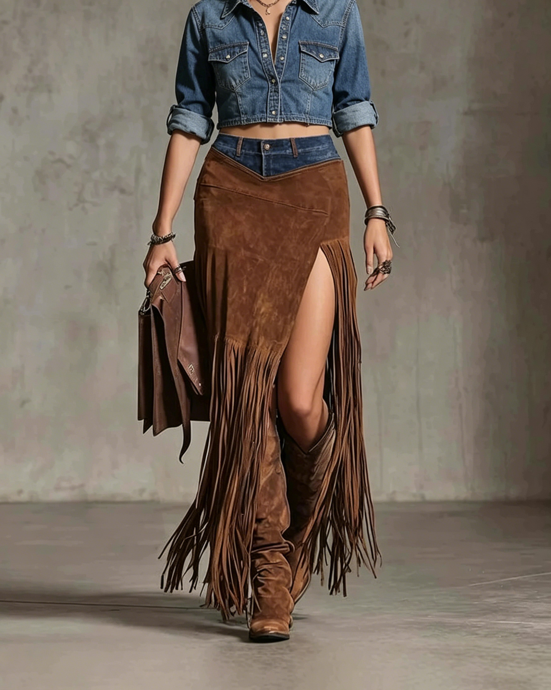 Brown Mixed Texture Fringe Maxi Western Skirt