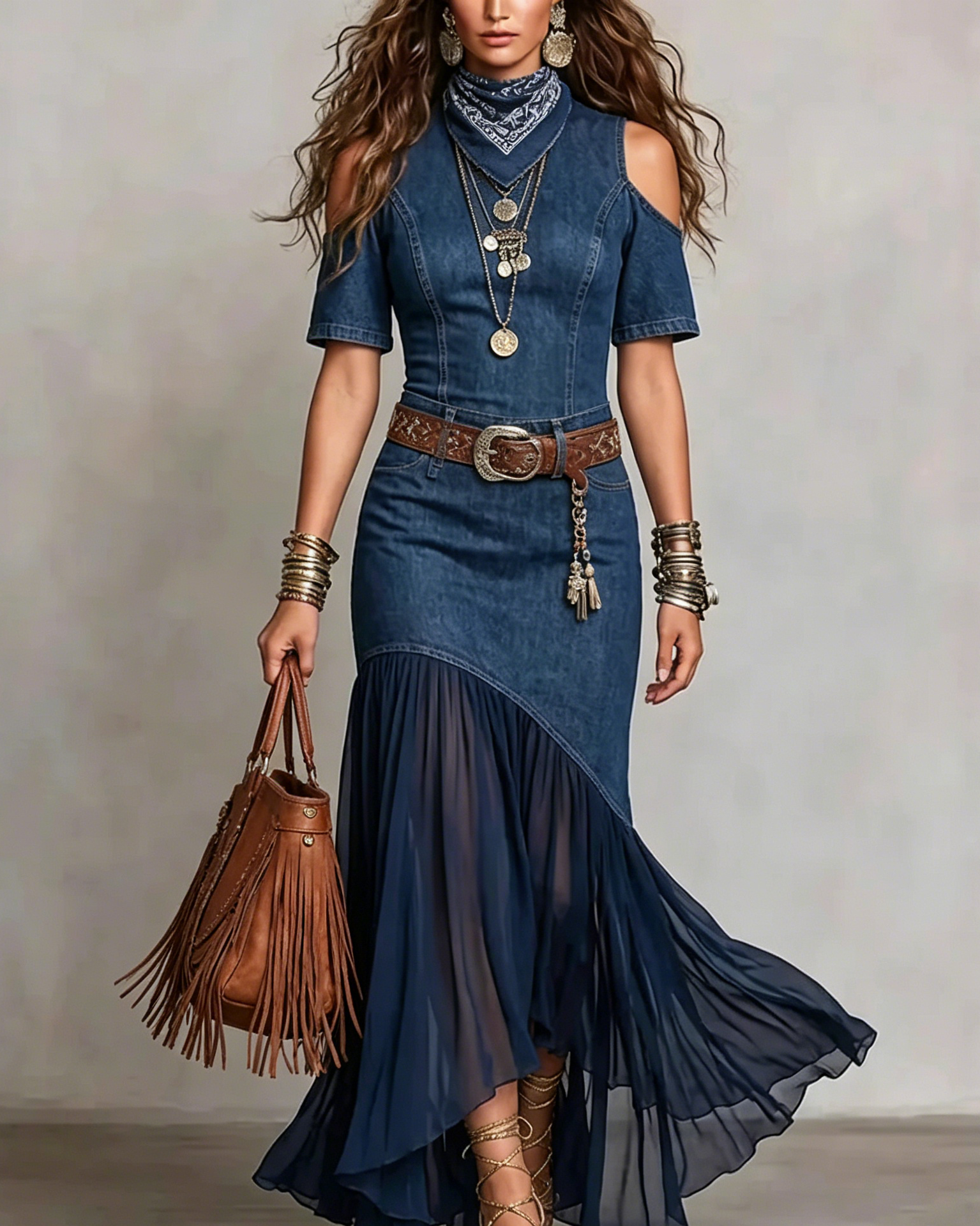 Denim Halter Lace-Up Maxi western Dress