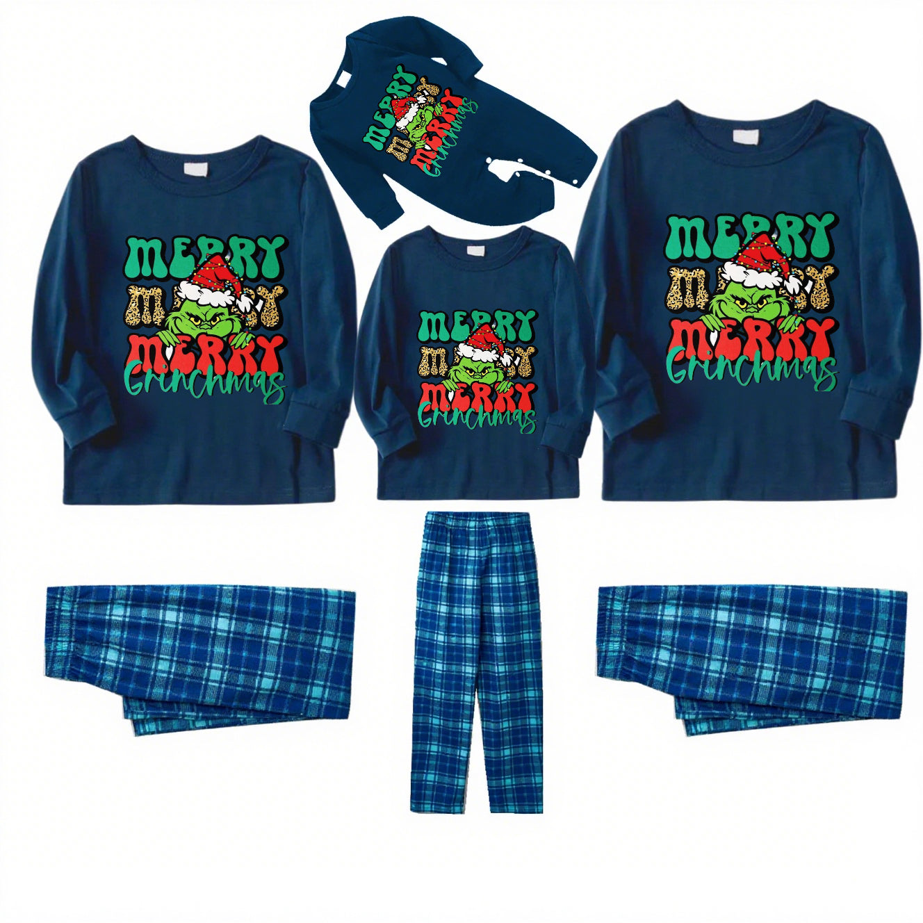 Red Grinch-Blue Plaid Family Christmas Pajamas