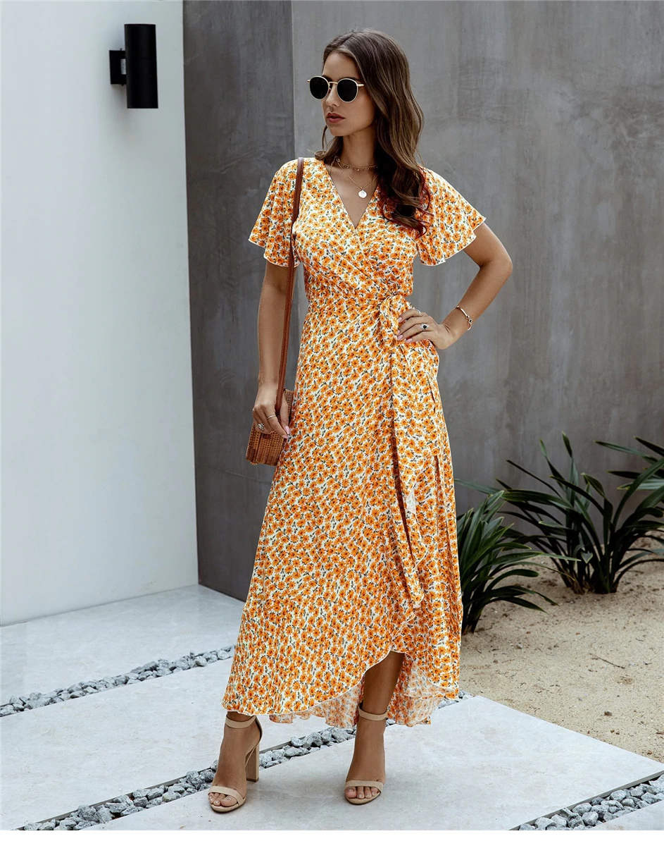 Yellow Long Floral Bohemian Split Boho Dress