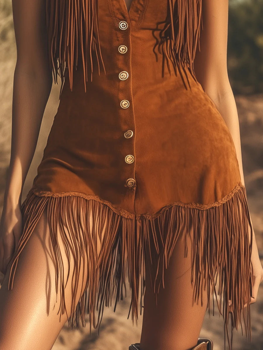 Suede Fringe Sleeveless Mini Western Dress