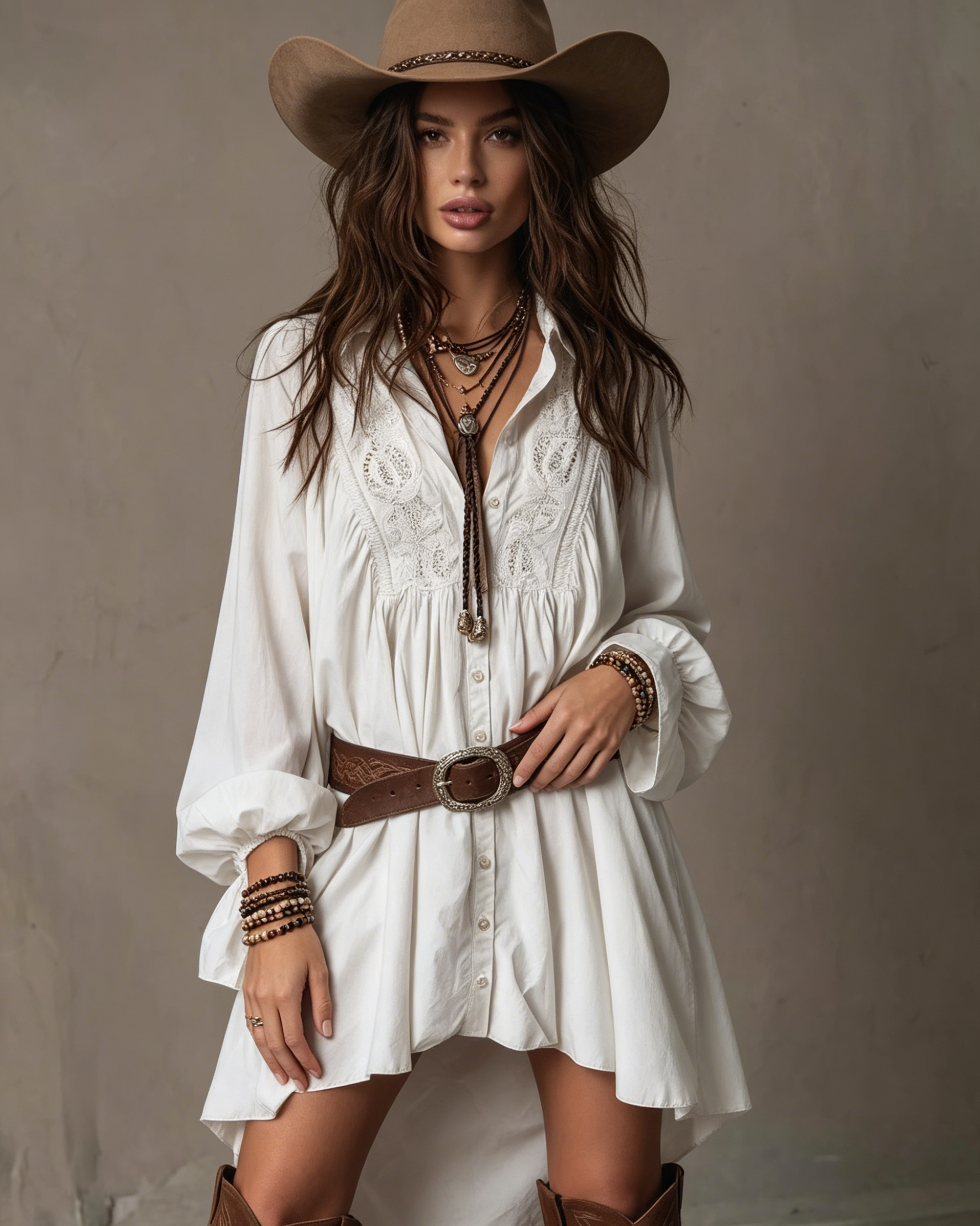 Bohemian Style White Lace Shirt Western Dress