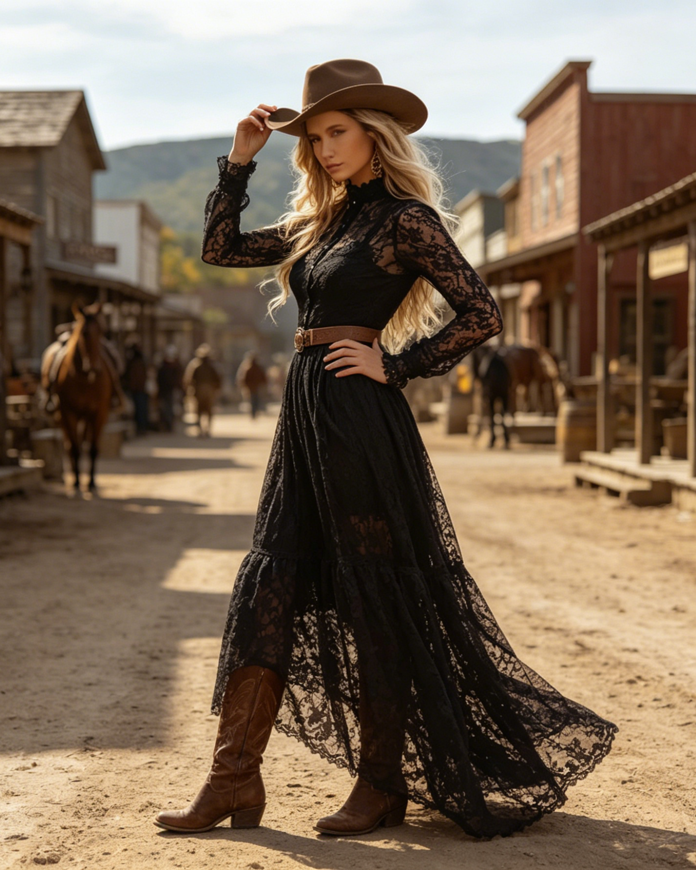 Long Sleeves Button Up Lace Maxi Western Dress