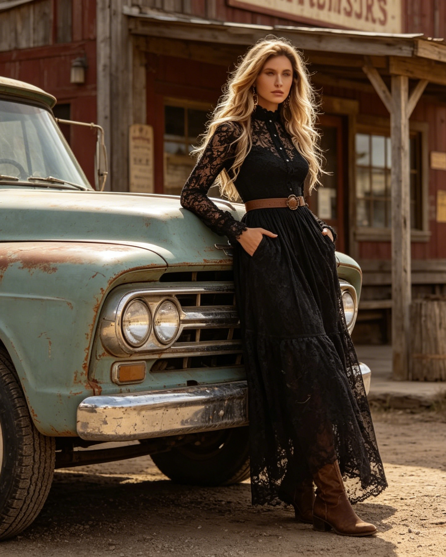 Long Sleeves Button Up Lace Maxi Western Dress