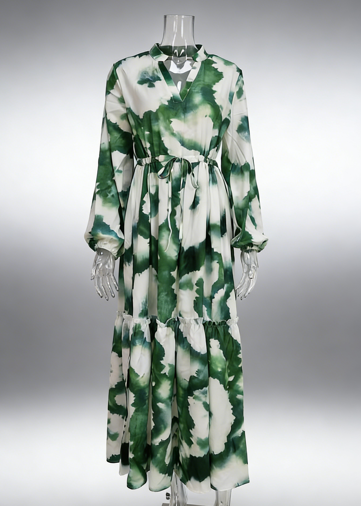 Flowy Design Maxi Boho Dress with Long Sleeves V-neck