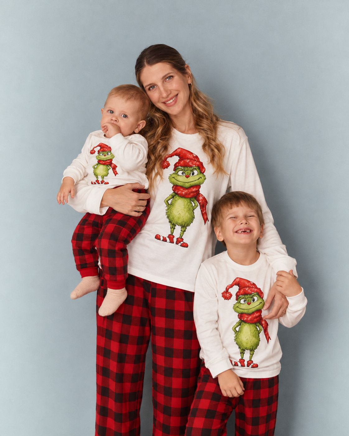 Grinch Joy-White and Red Plaid Family Christmas Pajamas